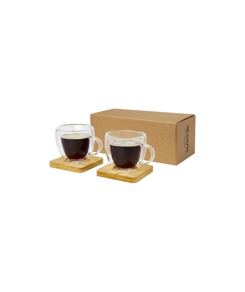 Tasse Manti 2 pièces en verre à double paroi de 100 ml avec sous-verre en bambou - Naturel | Mugs publicitaires | PRINTECOM