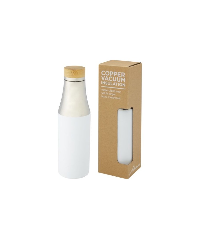 Bouteilles Isothermes Publicitaires - Bouteille Hulan de 540 ml en acier inoxydable avec couvercle en bambou - Blanc | PRINTECOM