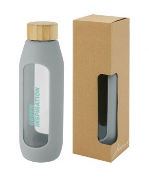 Bouteille Tidan de 600 ml en verre borosilicate avec grip en silicone - Gris | Bouteille et Gourde publicitaires | PRINTECOM