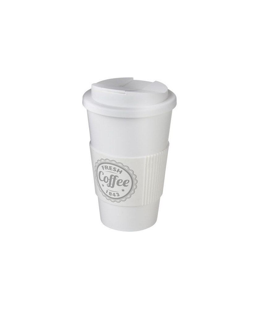 Mugs Publicitaires Personnalisés - Gobelet isolant Americano® 350ml avec bandeau antidérapant et couvercle anti-fuite - Blanc | PRINTECOM