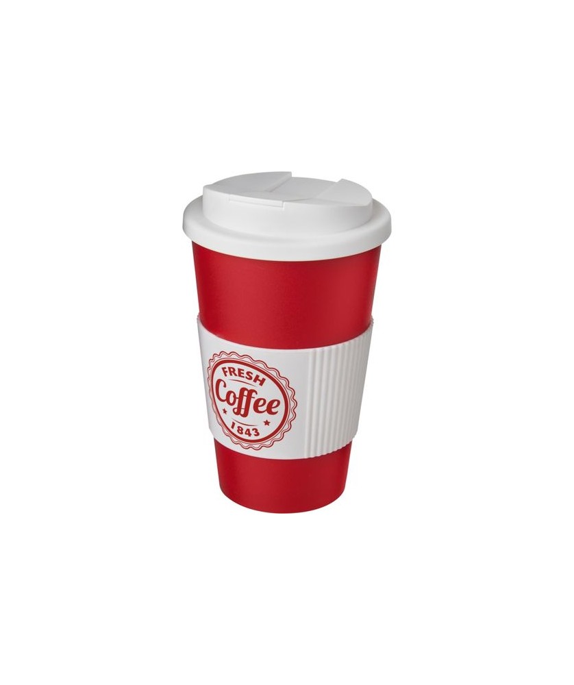 Mugs Publicitaires Personnalisés - Gobelet isolant Americano® 350ml avec bandeau antidérapant et couvercle anti-fuite - Blanc | PRINTECOM