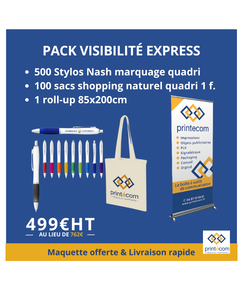 Pack Visibilité : 500 Stylos, 100 Tote Bags, 1 Roll-up Objets publicitaires et Goodies originaux publicitaire