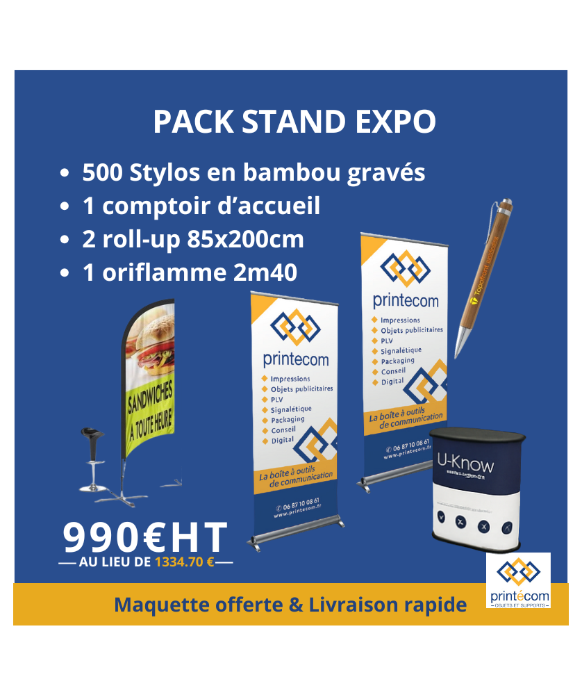 Pack Stand Expo : 2 Roll-up + 1 comptoir + 1 oriflamme + 500 Stylos Objets publicitaires et Goodies originaux publicitaire
