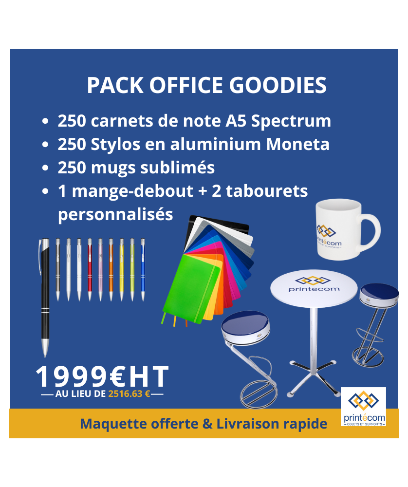 Pack office goodies : carnets + Mugs + Stylos + mange debout Objets publicitaires et Goodies originaux publicitaire