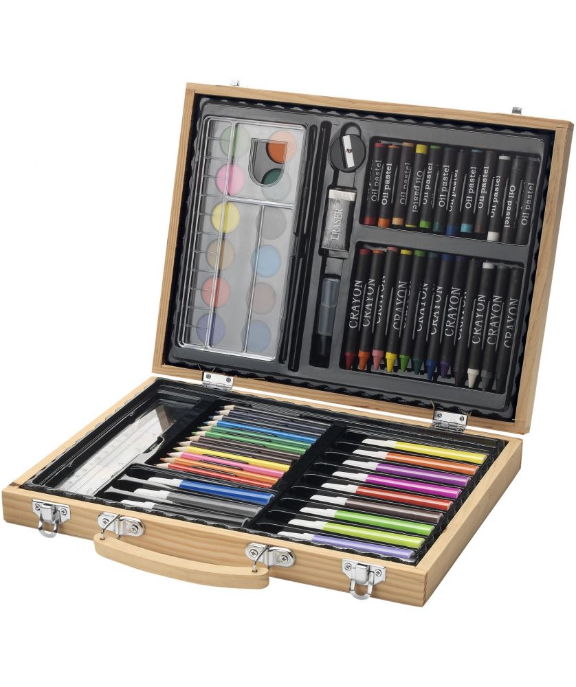 Set de coloriage 67 pièces en coffret bois personnalisé Rainbow Crayons publicitaire
