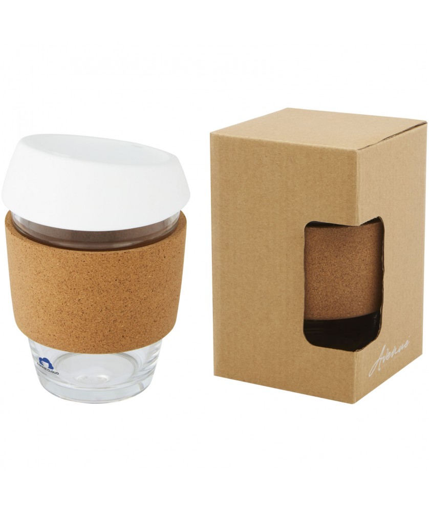 Gobelets et mugs - Gobelet Lidan de 360 ml en verre borosilicate avec grip en liège et couvercle en silicone | PRINTECOM