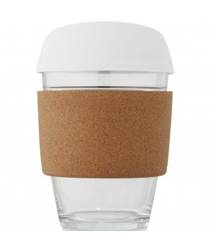 Gobelets et mugs - Gobelet Lidan de 360 ml en verre borosilicate avec grip en liège et couvercle en silicone | PRINTECOM