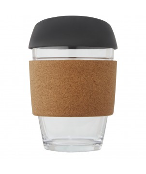 Gobelets et mugs - Gobelet Lidan de 360 ml en verre borosilicate avec grip en liège et couvercle en silicone | PRINTECOM