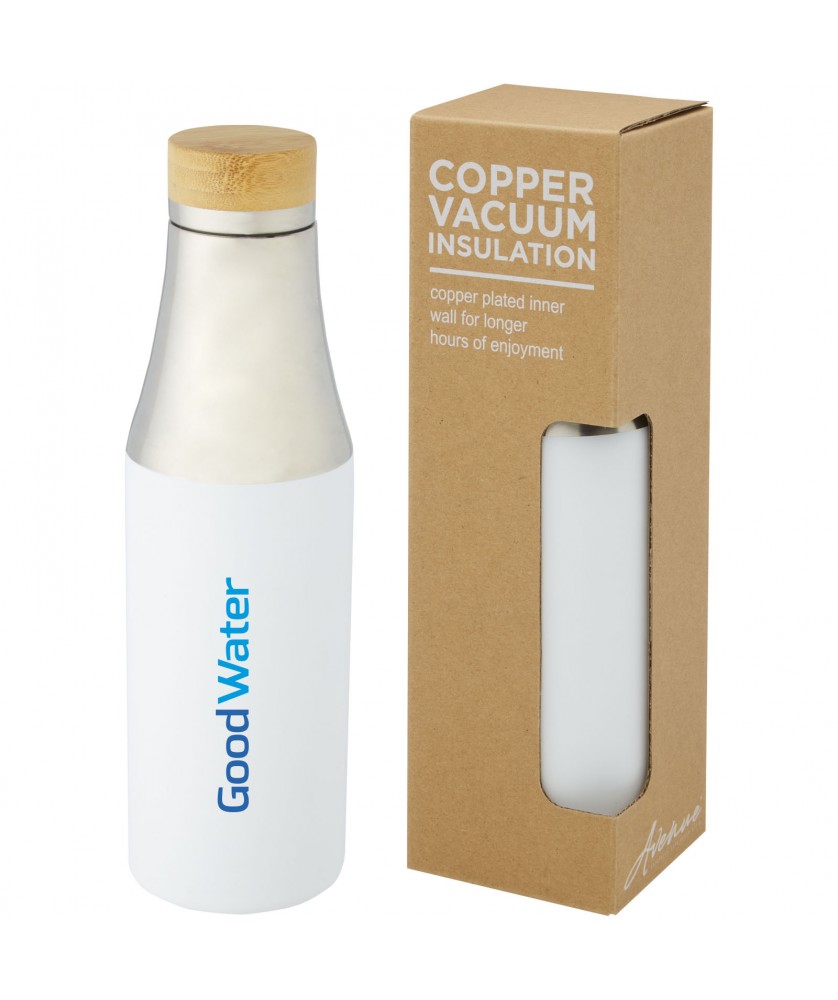 Bouteilles isothermes - Bouteille Hulan de 540 ml en acier inoxydable avec cuivre et isolation par le vide avec couvercle en bambou | PRINTECOM