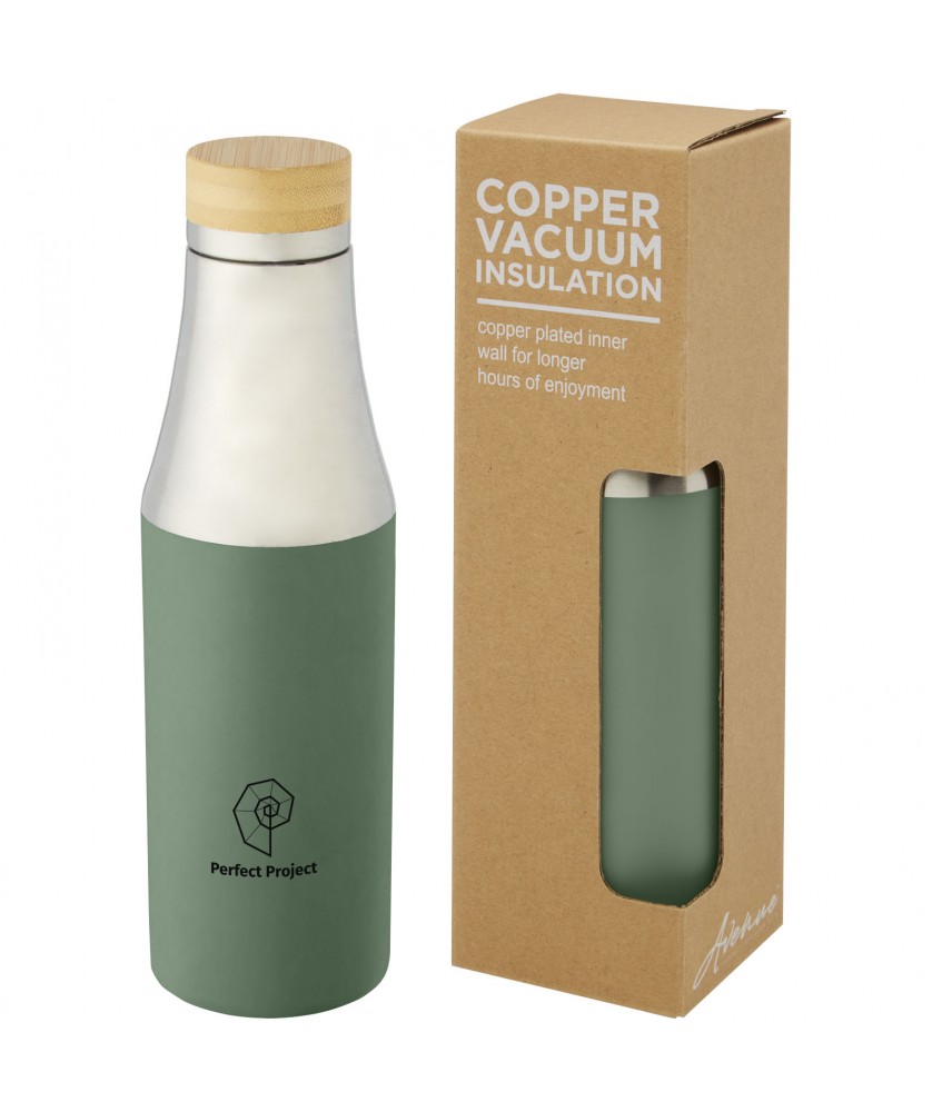 Bouteilles isothermes - Bouteille Hulan de 540 ml en acier inoxydable avec cuivre et isolation par le vide avec couvercle en bambou | PRINTECOM