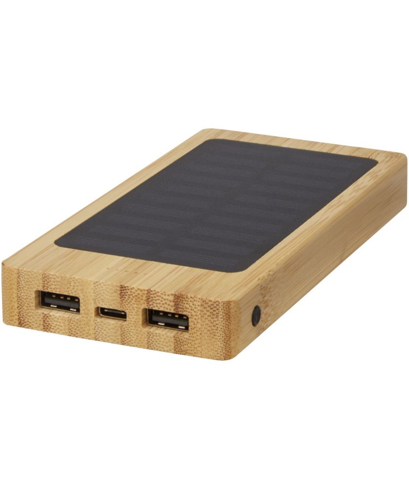 Batterie externe solaire 8 000 mAh en bambou personnalisée Alata Chargeurs et Batteries publicitaire