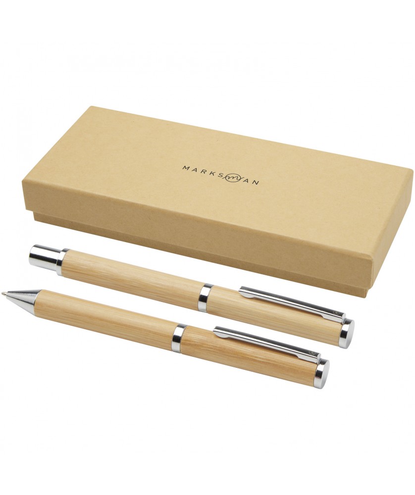 Stylos - Coffret cadeau stylo bille et stylo roller Apolys en bambou (encre noire) | PRINTECOM