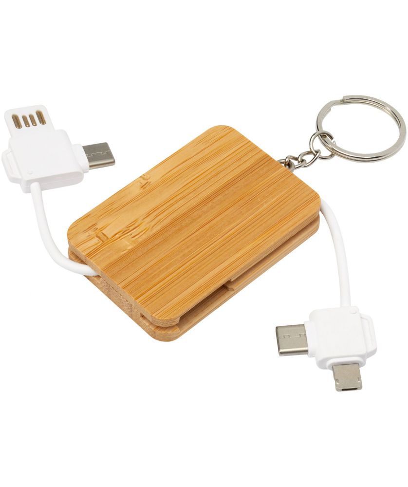 Câble de charge rétractable 6 en 1 porte-clés en bambou personnalisé Reel Porte-clés publicitaire