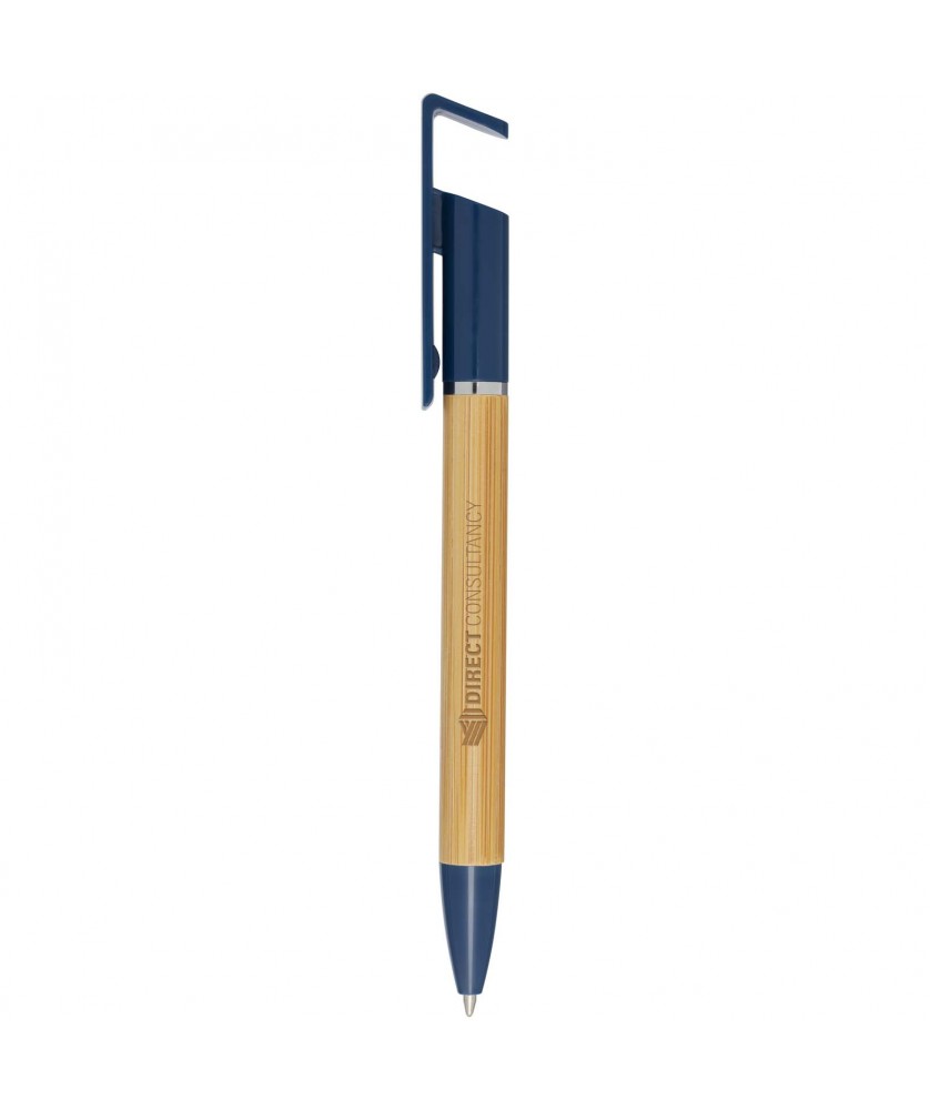 Stylo support téléphone en bambou personnalisé Delfina (encre bleue) Stylos publicitaire