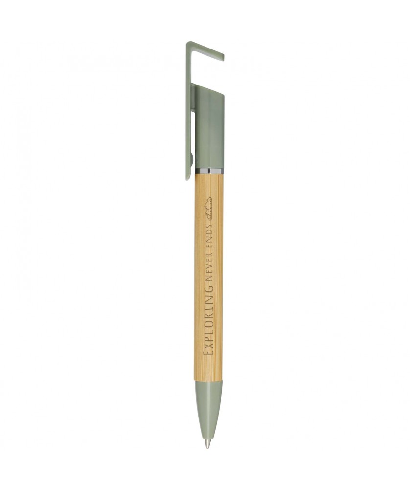 Stylo support téléphone en bambou personnalisé Delfina (encre bleue) Stylos publicitaire