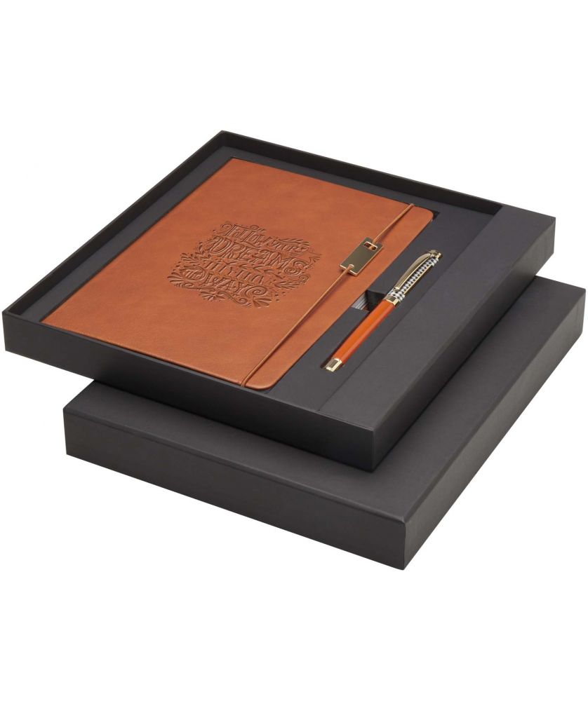 Ensemble carnet A5, stylo bille et roller en laiton recyclé personnalisé Legato Carnets publicitaire