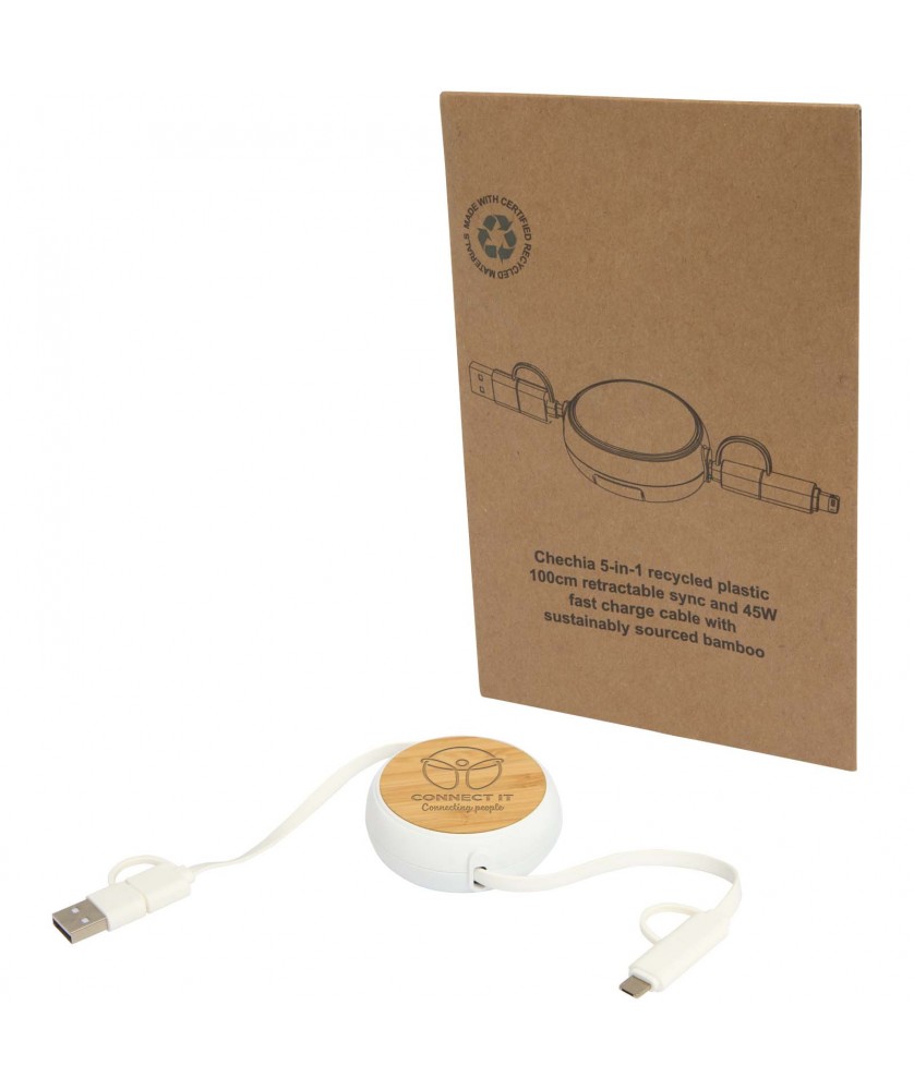 Accessoires de téléphonie - Câble rétractable 5 en 1 Chechia de 100 cm en plastique recyclé pour la synchronisation des données et la charge rapide de 45 W | PRINTECOM