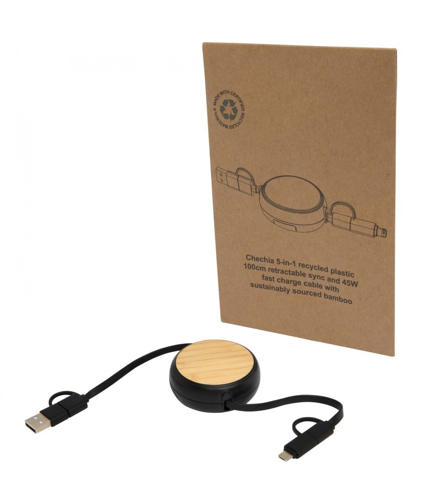 Accessoires de téléphonie - Câble rétractable 5 en 1 Chechia de 100 cm en plastique recyclé pour la synchronisation des données et la charge rapide de 45 W | PRINTECOM