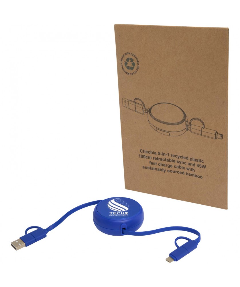 Accessoires de téléphonie - Câble rétractable 5 en 1 Alasia de 100 cm en plastique recyclé et aluminium pour la synchronisation des données et la charge rap | PRINTECOM
