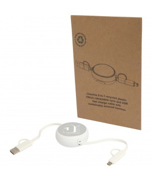 Accessoires de téléphonie - Câble rétractable 5 en 1 Alasia de 100 cm en plastique recyclé et aluminium pour la synchronisation des données et la charge rap | PRINTECOM