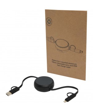 Accessoires de téléphonie - Câble rétractable 5 en 1 Alasia de 100 cm en plastique recyclé et aluminium pour la synchronisation des données et la charge rap | PRINTECOM