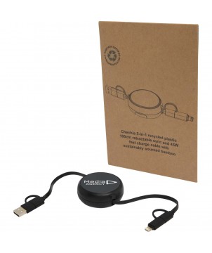Accessoires de téléphonie - Câble rétractable 5 en 1 Alasia de 100 cm en plastique recyclé et aluminium pour la synchronisation des données et la charge rap | PRINTECOM
