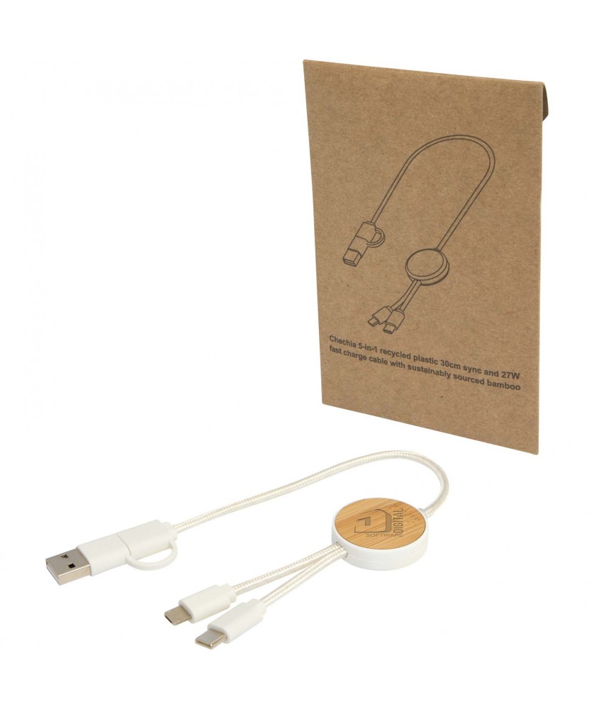 Accessoires de téléphonie - Câble 5 en 1 Chechia en plastique recyclé de 30 cm pour la synchronisation des données et la charge rapide de 27 W avec détails  | PRINTECOM