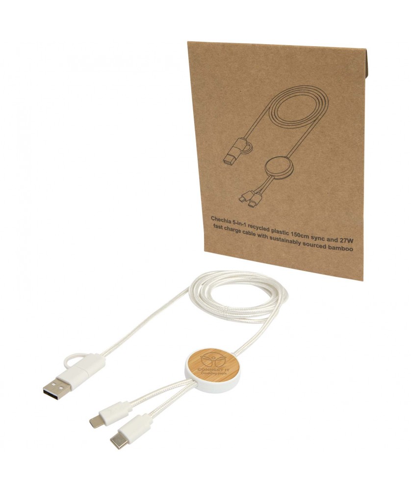 Accessoires de téléphonie - Câble 5 en 1 Chechia en plastique recyclé de 150 cm pour la synchronisation des données et la charge rapide de 27 W avec détails | PRINTECOM