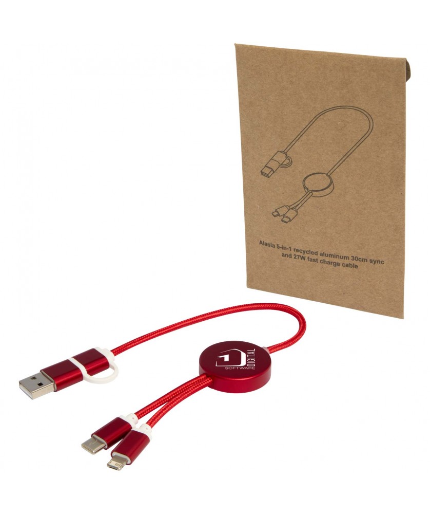Accessoires de téléphonie - Câble 5 en 1 Alasia en aluminium et plastique recyclés de 30 cm pour la synchronisation des données et la charge rapide de 27 W | PRINTECOM