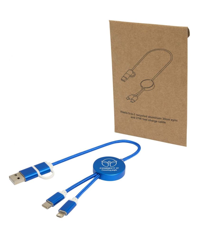 Câble 5 en 1 30 cm en aluminium et plastique recyclés personnalisé Alasia 27 W Accessoires de téléphonie publicitaire