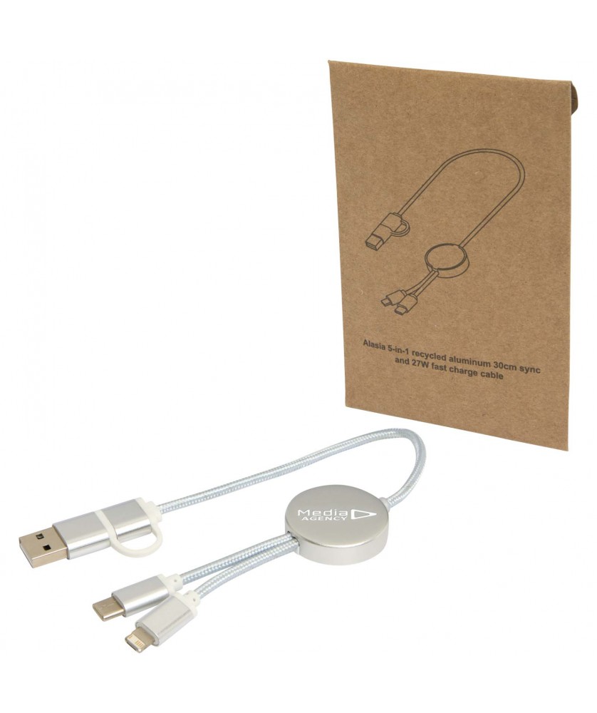 Accessoires de téléphonie - Câble 5 en 1 Alasia en aluminium et plastique recyclés de 30 cm pour la synchronisation des données et la charge rapide de 27 W | PRINTECOM