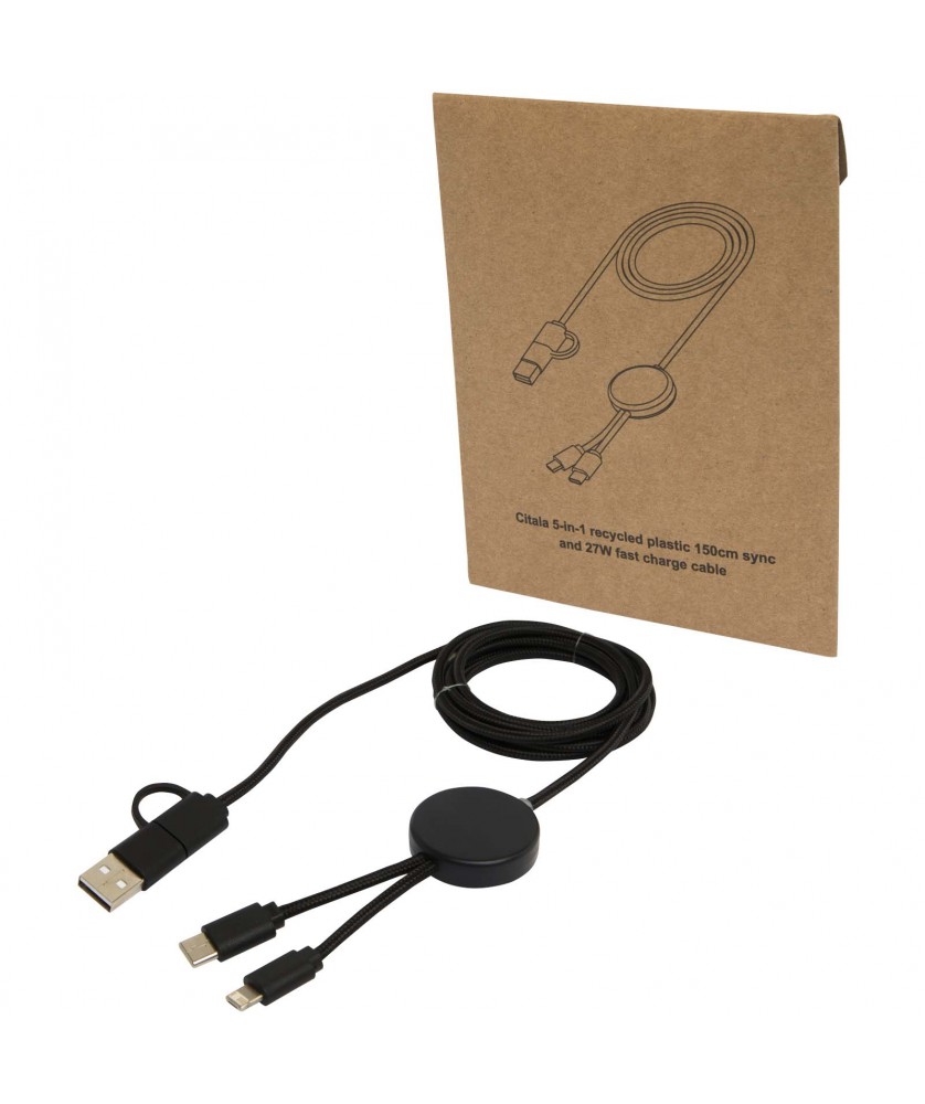Accessoires de téléphonie - Câble 5 en 1 Citala en plastique recyclé de 150 cm pour la synchronisation des données et la charge rapide de 27 W | PRINTECOM