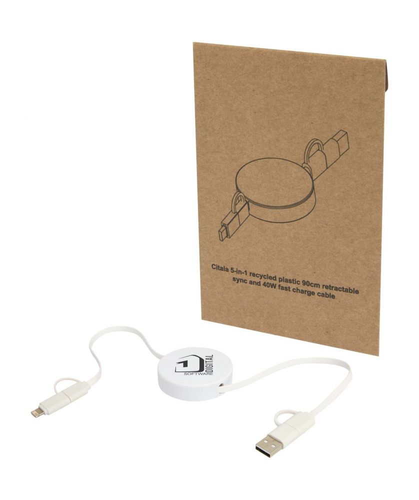 Câble rétractable 5 en 1 90 cm en plastique recyclé personnalisé Citala 40 W Accessoires de téléphonie publicitaire