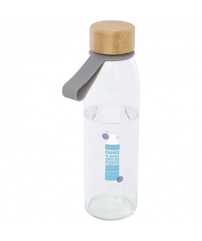 Bouteilles et gourdes - Bouteille d'eau en verre Porto de 500 ml avec poignée en silicone et couvercle en bambou | PRINTECOM