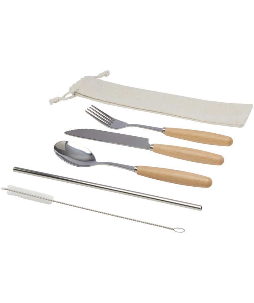 Ensemble de couverts 5 pièces en inox et bois de hêtre personnalisé Root Ustensiles de cuisine publicitaire