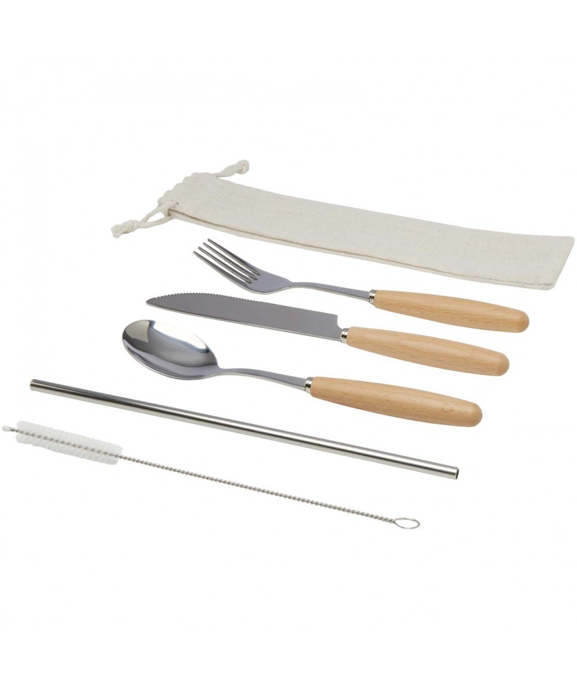 Ustensiles de cuisine - Ensemble de couverts Root 5 pièces en acier inoxydable et bois de hêtre | PRINTECOM