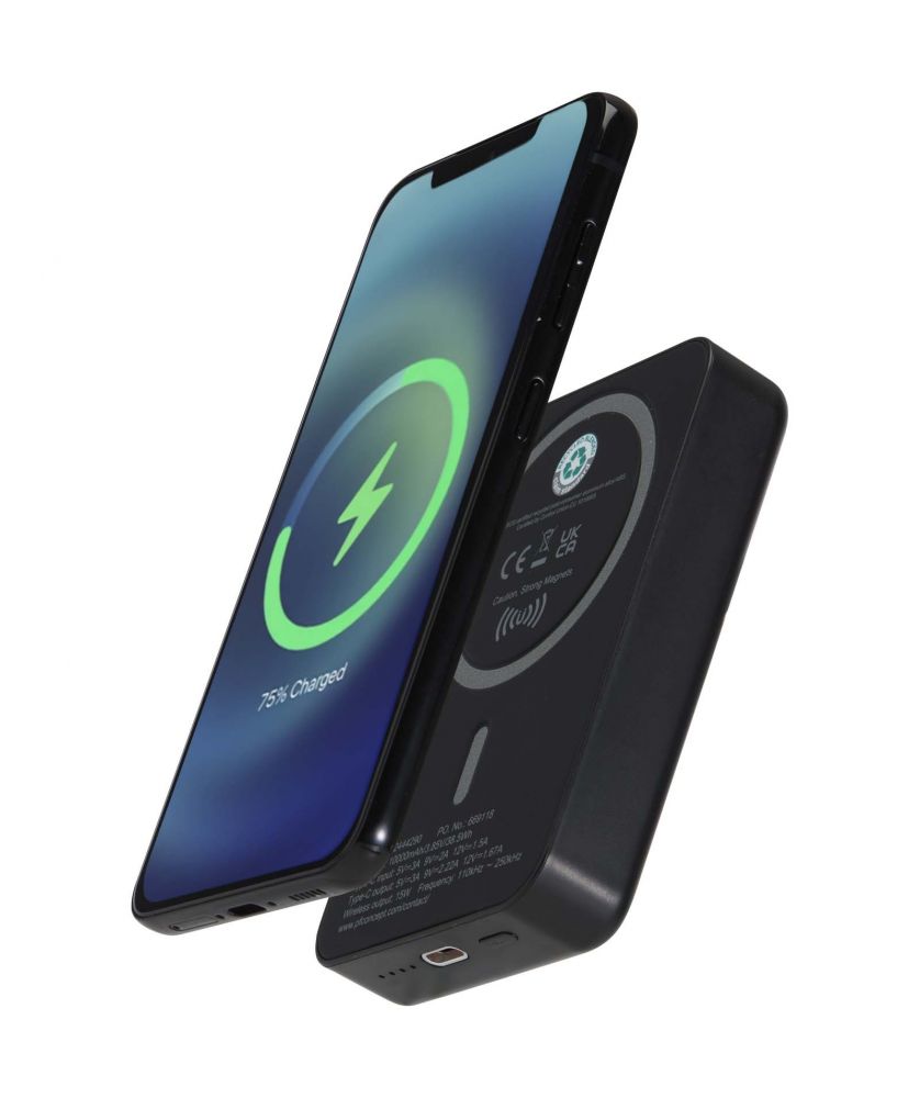 Batterie externe magnétique sans fil 10 000 mAh en plastique recyclé personnalisée Acrab Chargeurs et Batteries publicitaire