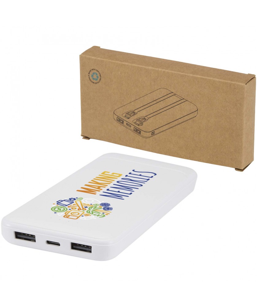 Chargeurs et Batteries - Batterie de secours Adhil de 10 000 mAh et 10 W en plastique recyclé avec 2 câbles intégrés | PRINTECOM