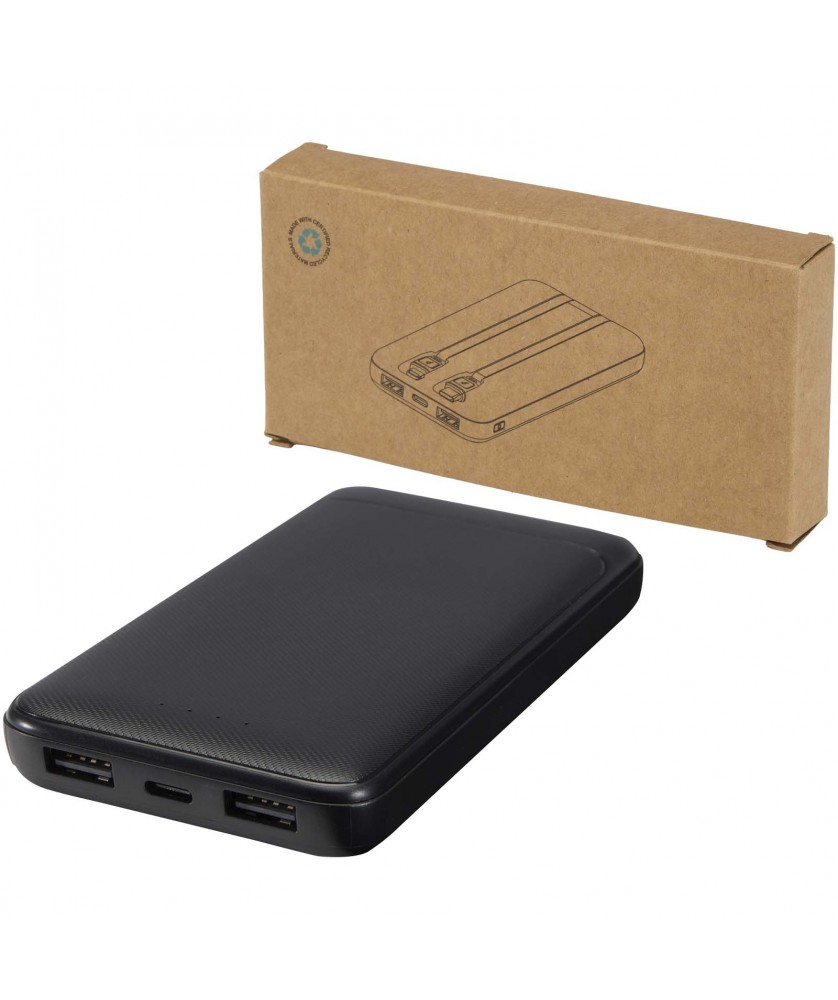 Chargeurs et Batteries - Batterie de secours Adhil de 10 000 mAh et 10 W en plastique recyclé avec 2 câbles intégrés | PRINTECOM