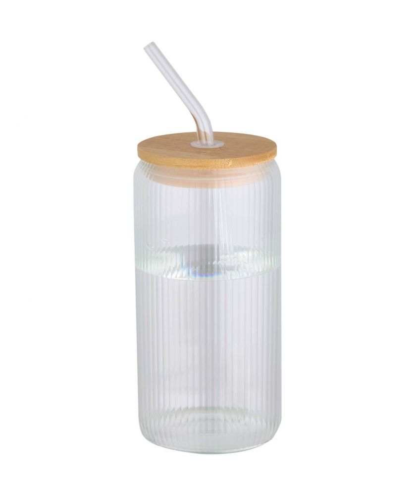 Pot en verre 500 ml avec paille et couvercle bambou personnalisé Mirage Vaisselle publicitaire