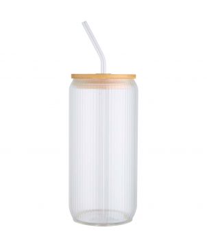 Pot en verre 500 ml avec paille et couvercle bambou personnalisé Mirage Vaisselle publicitaire