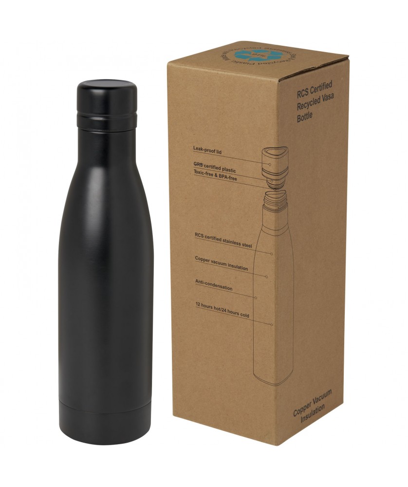 Bouteilles isothermes - Bouteille isotherme Vasa en acier inoxydable recyclé certifié RCS de 500 ml avec isolation par le vide et couche de cuivre | PRINTECOM