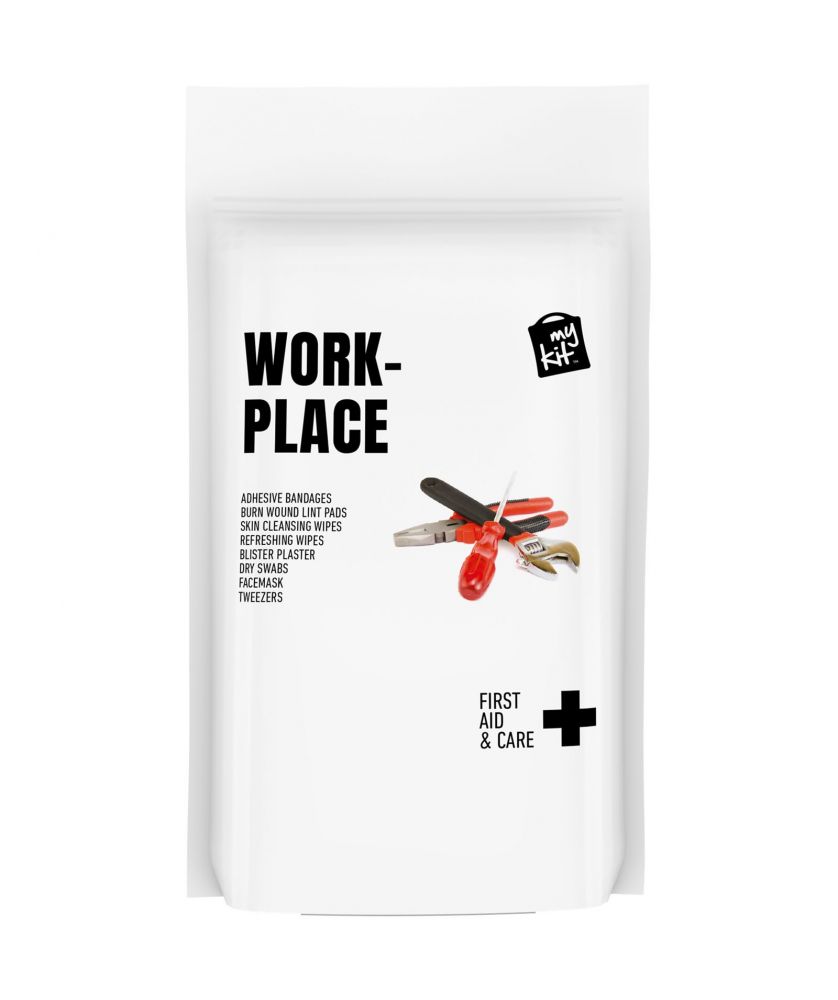 Kit de premiers secours lieu de travail en pochette papier personnalisé MyKit Printécom - Objets et Supports Publicitaires pu...