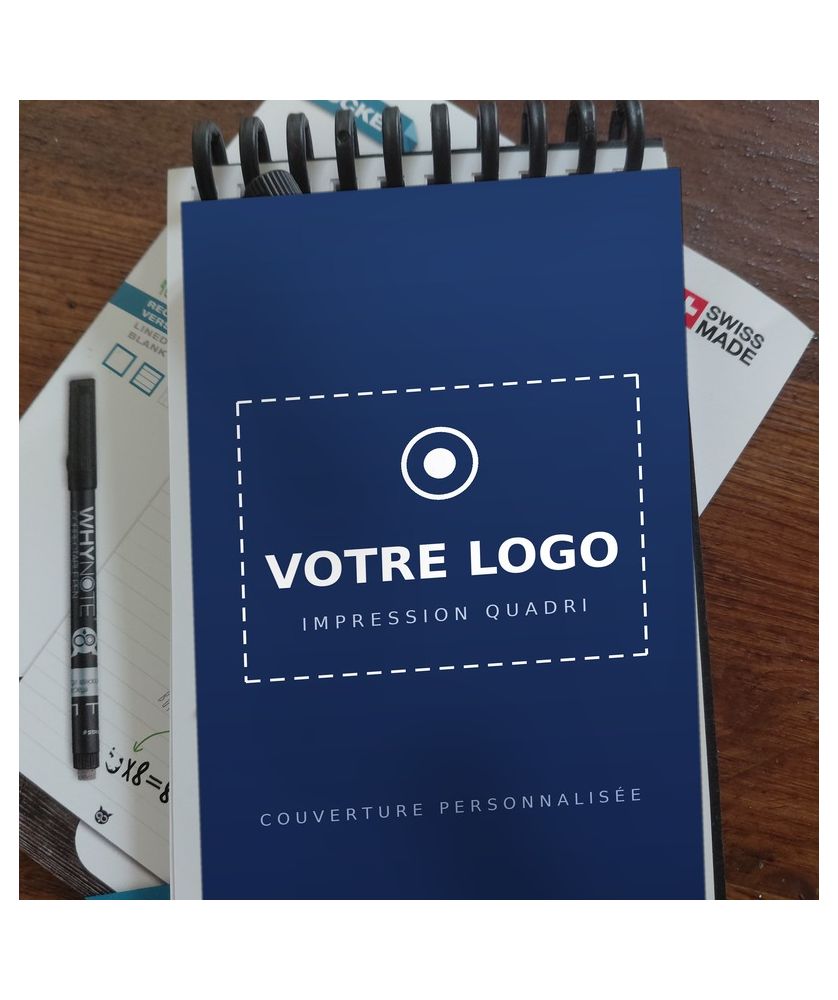 Bloc-notes effaçable personnalisé A6 WhyNote® réutilisable Goodies upcyclés publicitaire
